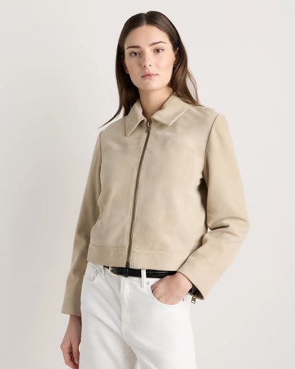 100% Suede Cropped Zip-Front Jacket - XS / Light Sand Beige