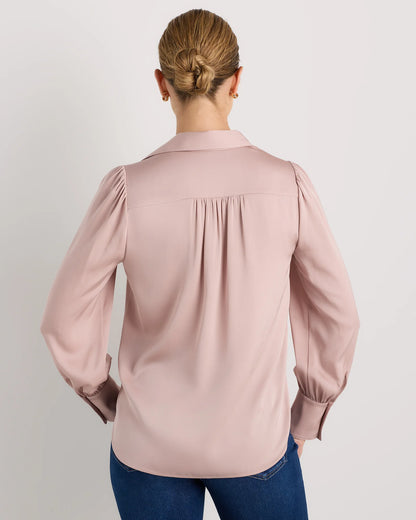 Washable Stretch Silk Split Neck Blouse - XS / Forest Green