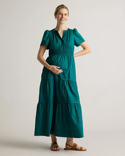100% Organic Cotton Poplin Maternity Tiered Maxi Dress - XS / Riviera Blue Heirloom Floral