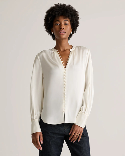 Washable Stretch Silk Peasant Blouse - XS / Ivory