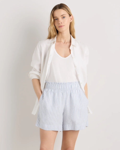 100% European Linen High Waisted Shorts - XS / Sky Blue Mariner Stripe