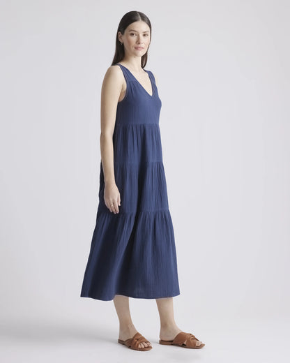 100% Organic Cotton Gauze Tiered Maxi Dress - XS / Indigo Blue