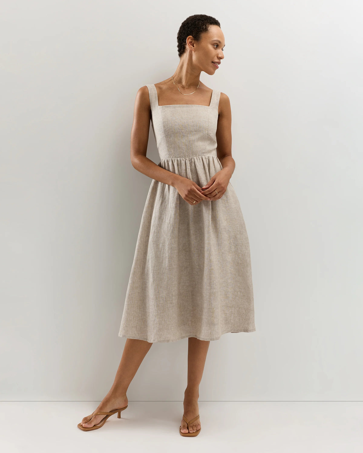 100% European Linen Fit & Flare Midi Dress - XS / Ivory Porcelain Blue Petite Floral