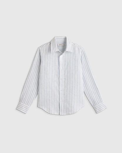 100% European Linen Long Sleeve Shirt - 2T / Sky Blue Mariner Stripe