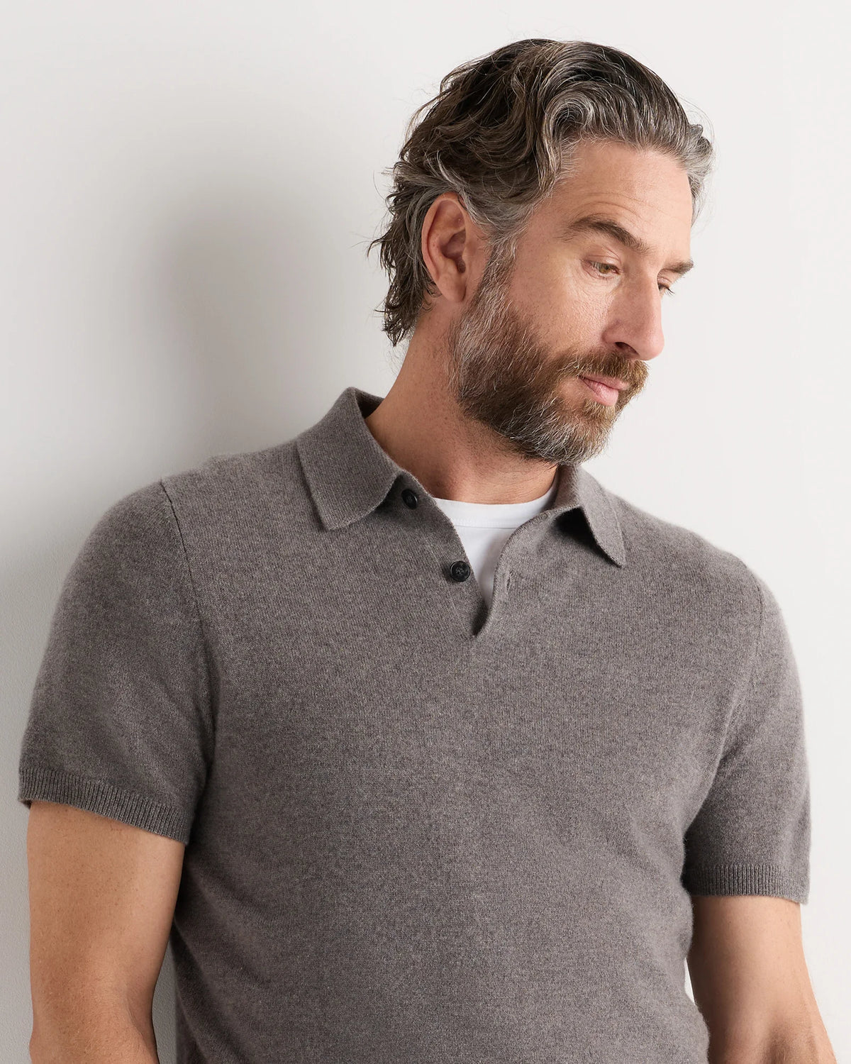 100% Mongolian Cashmere Short Sleeve Polo Sweater - S / Heather Storm Blue