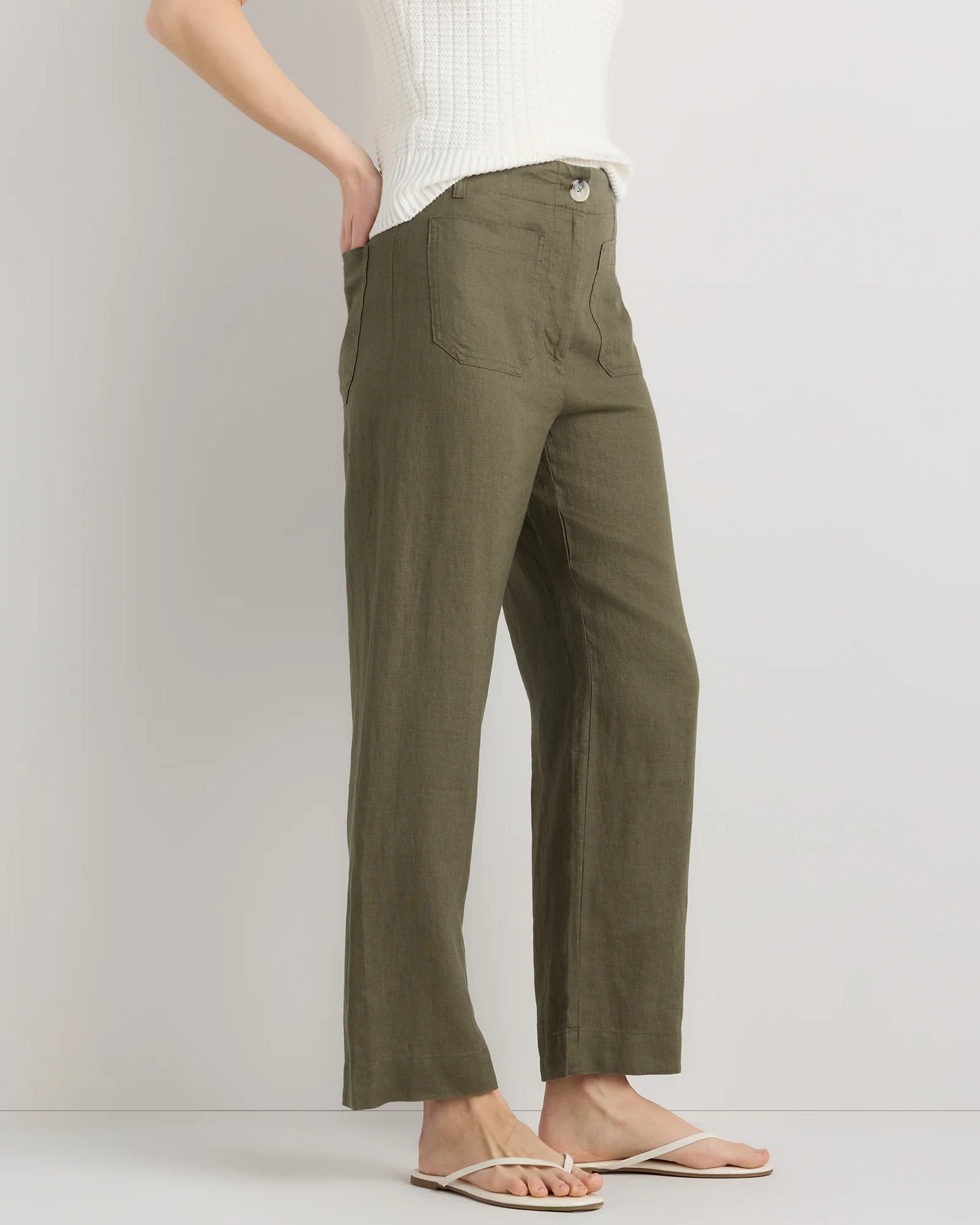 100% European Linen Patch Pocket Wide Leg Pants - 0 / Taupe Brown Chambray