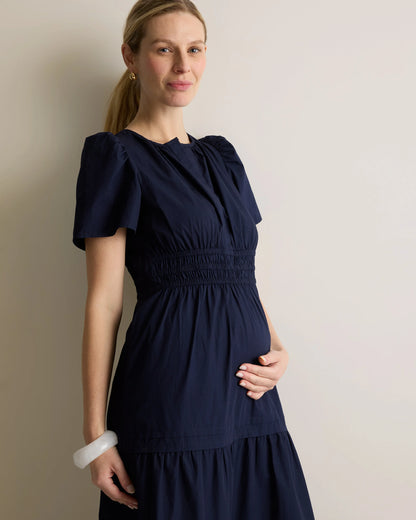 100% Organic Cotton Poplin Maternity Tiered Maxi Dress - XS / Riviera Blue Heirloom Floral