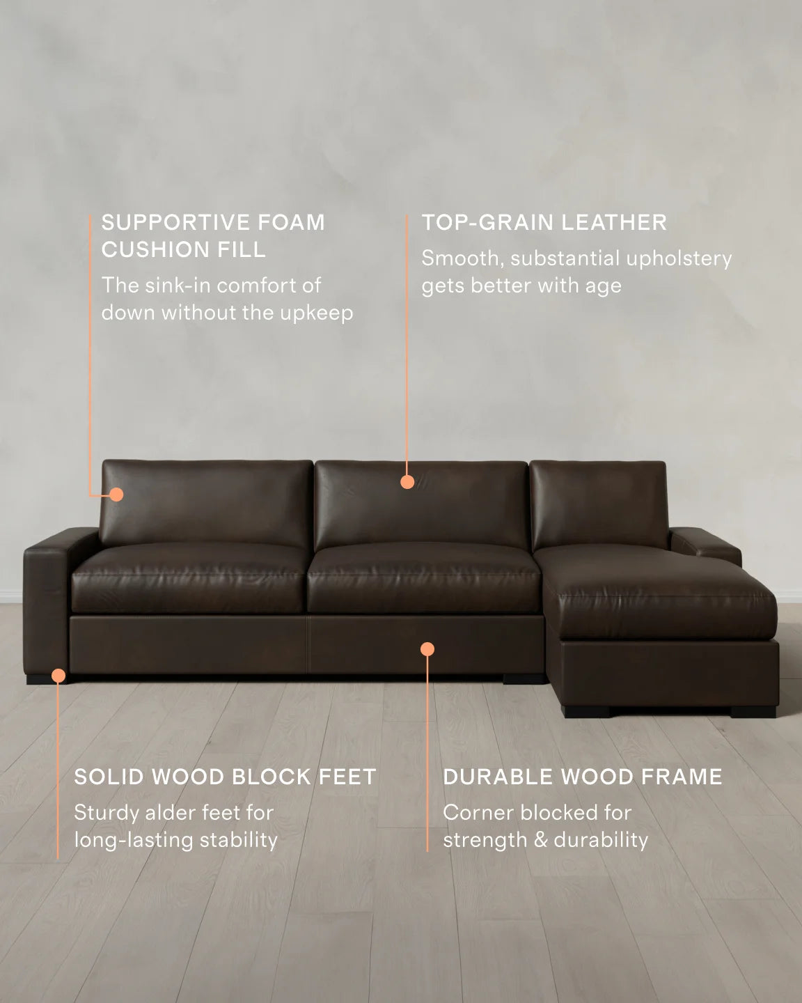 Stillman Chaise Sectional in Leather - 116" Right Arm / Auburn