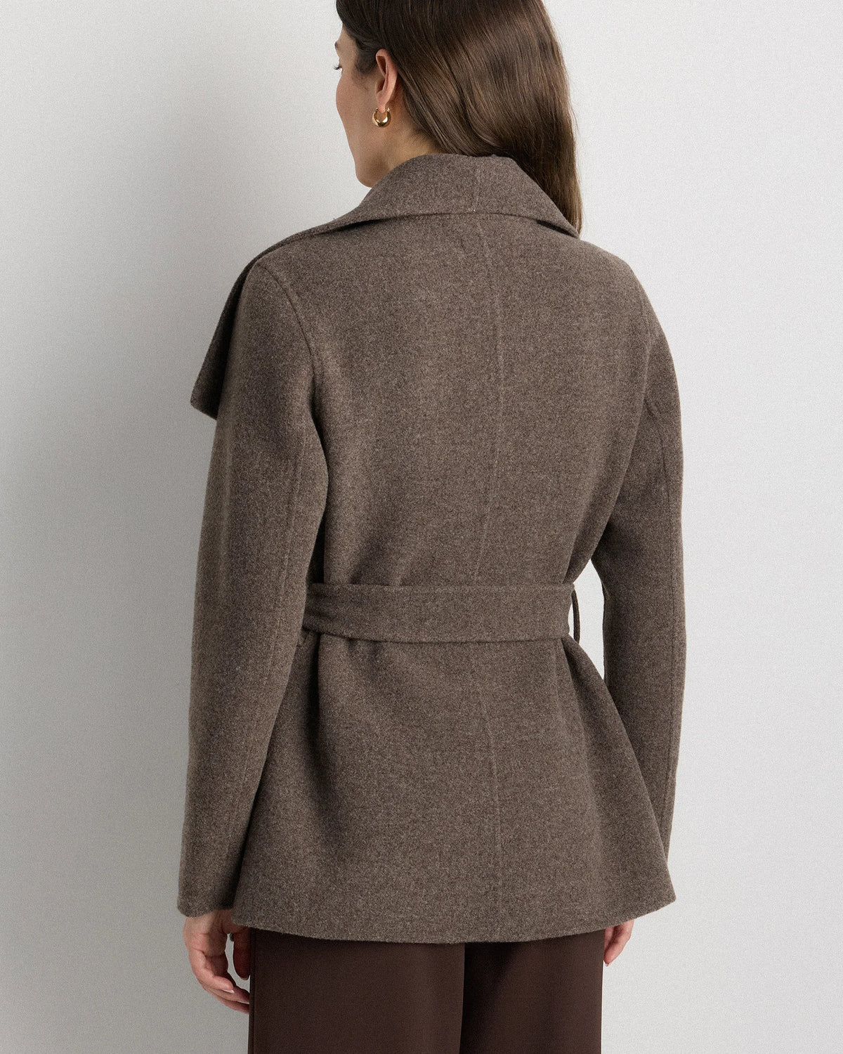 Double-Faced Merino Wool Draped Collar Short Wrap Coat - XS / Cocoa Melange
