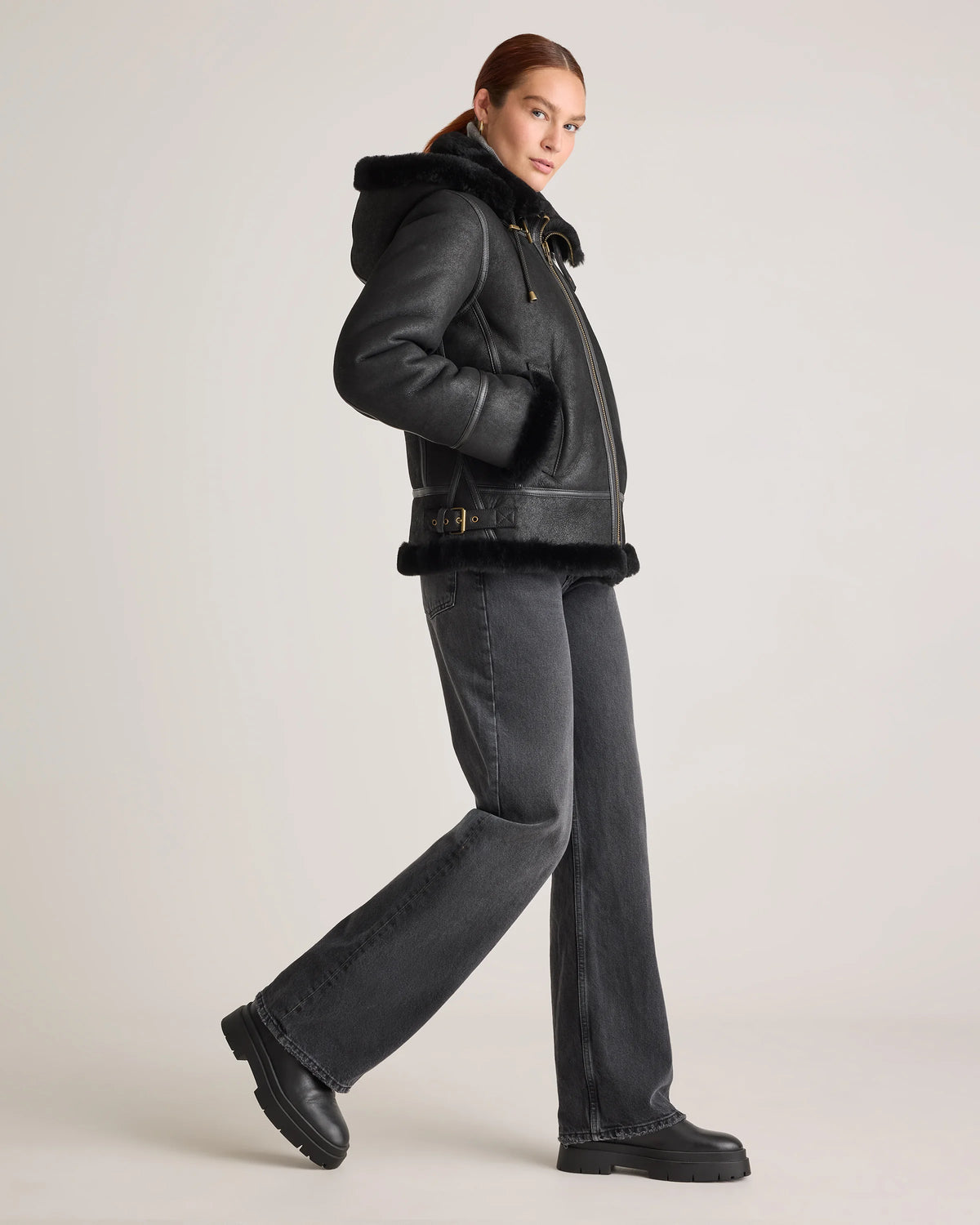 100% Shearling Cold Weather Bomber Jacket - XS / Black