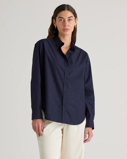 100% Organic Cotton Poplin Long Sleeve Shirt - XS / Delta Blue Double Stripe