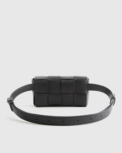 Italian Leather Handwoven Box Belt Bag - One Size / Black