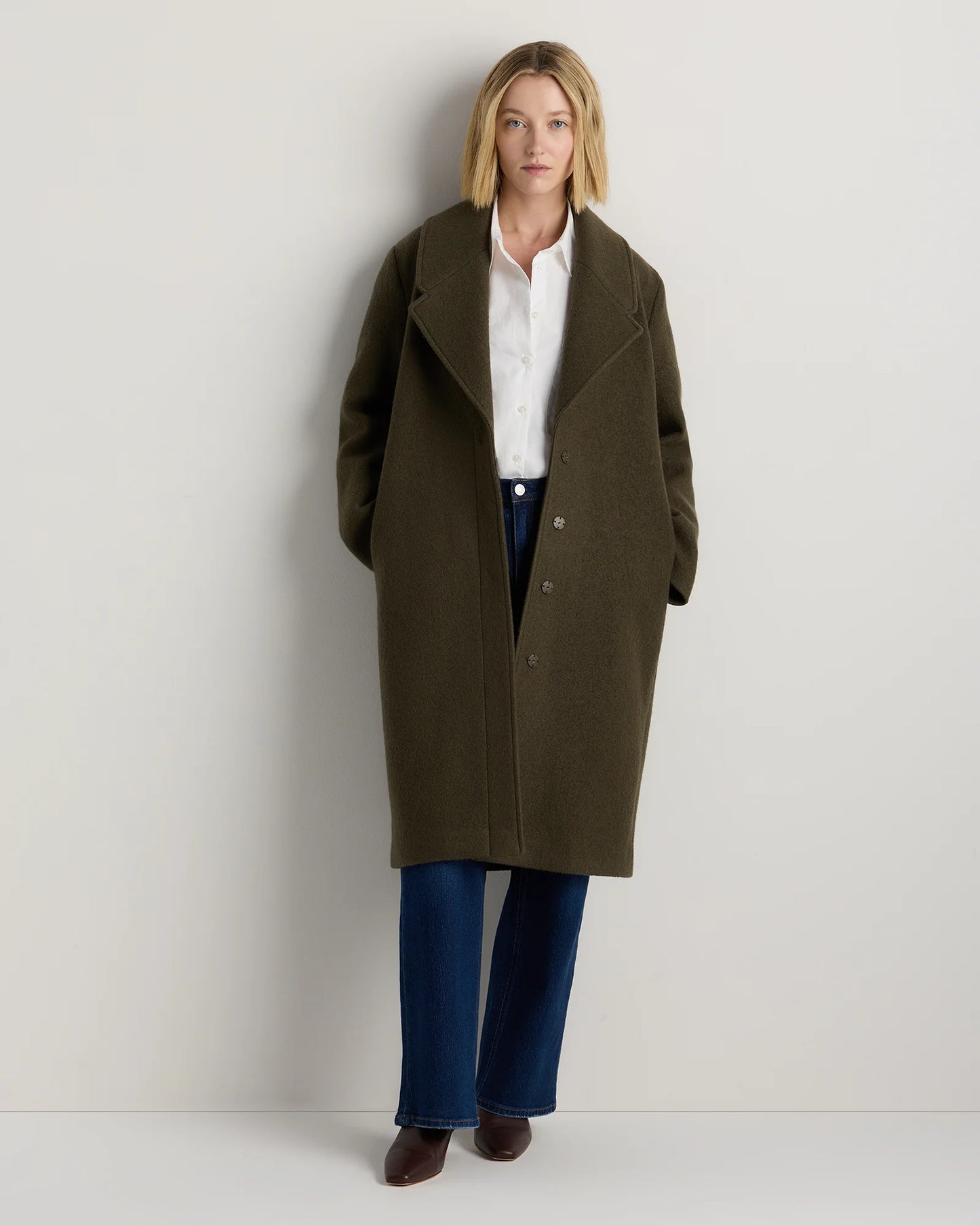 100% Merino Wool Shawl Collar Long Coat - XS / Heather Bone