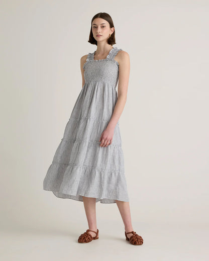 100% European Linen Smocked Midi Dress - XS / Ivory Porcelain Blue Petite Floral