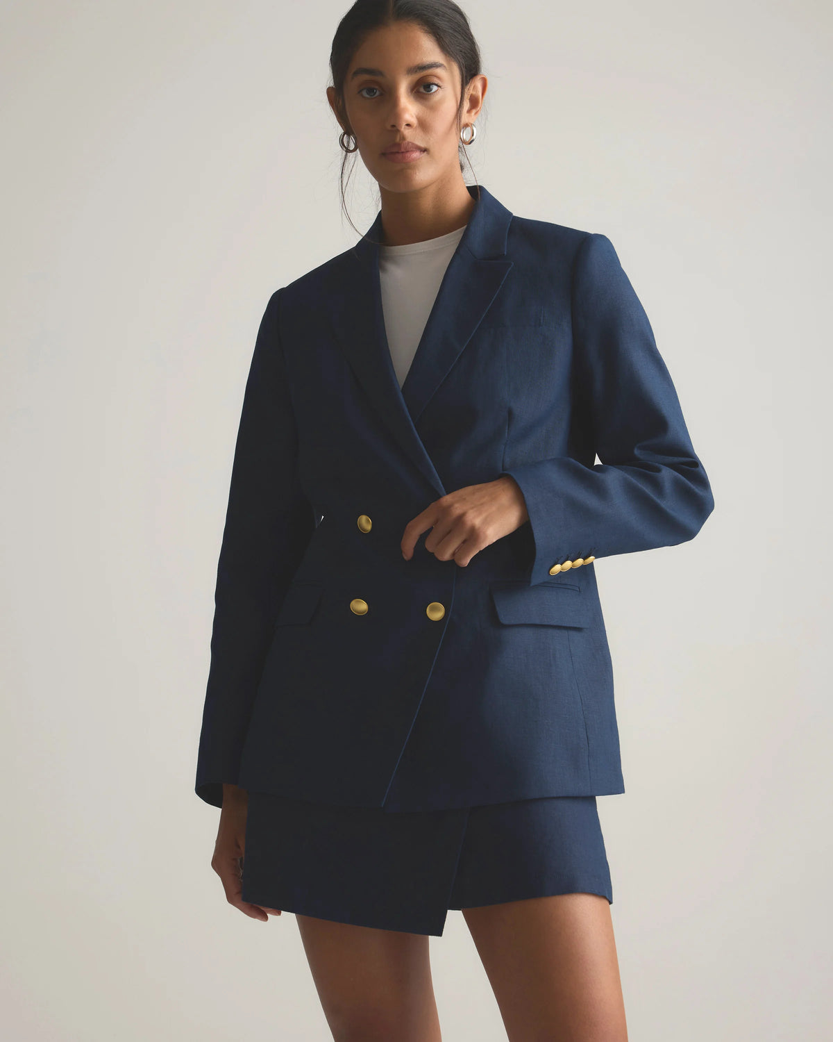 100% European Linen Relaxed Double-Breasted Blazer - XS / Blue Pinstripe