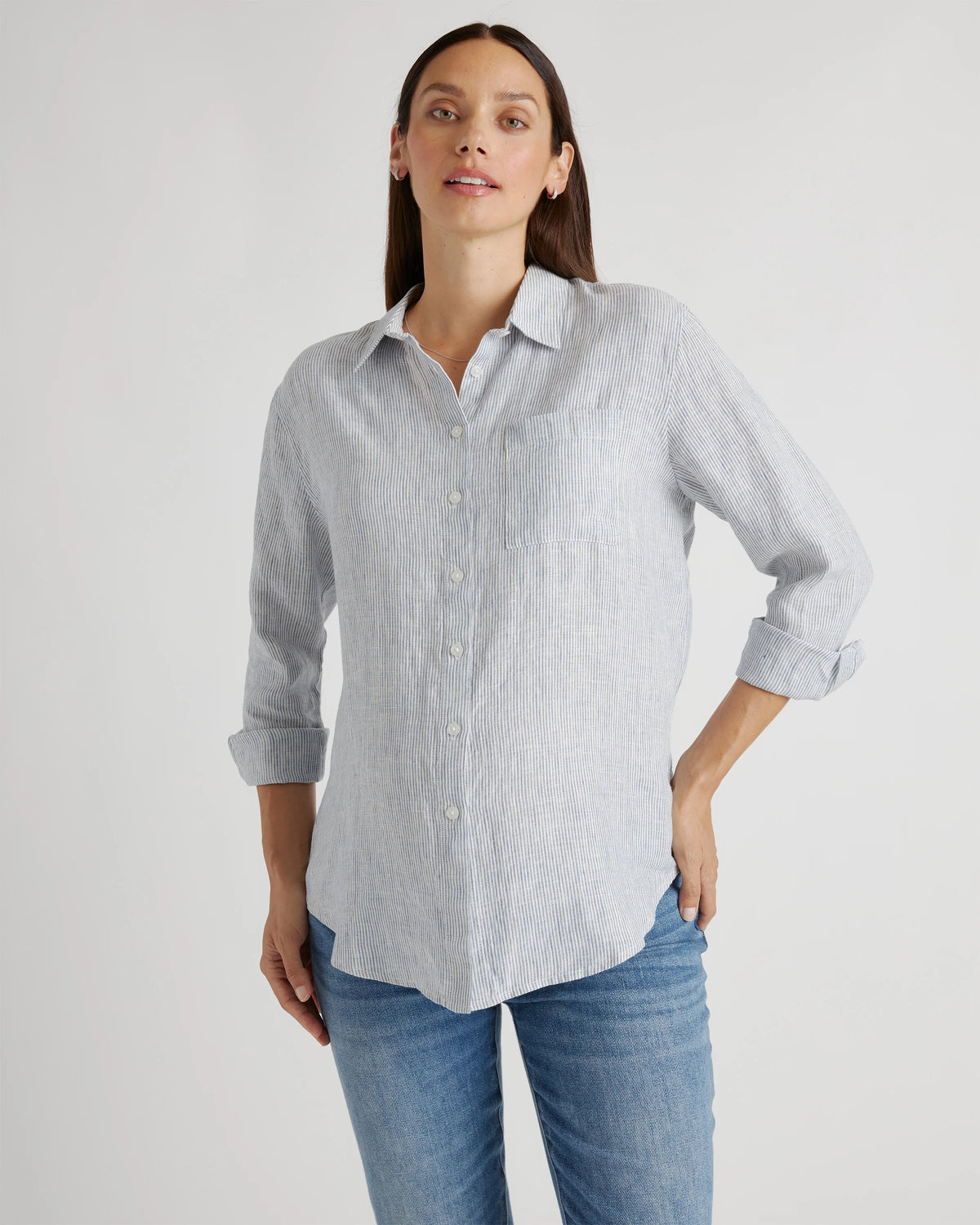 100% European Linen Maternity Long Sleeve Shirt - XS / Blue Pinstripe