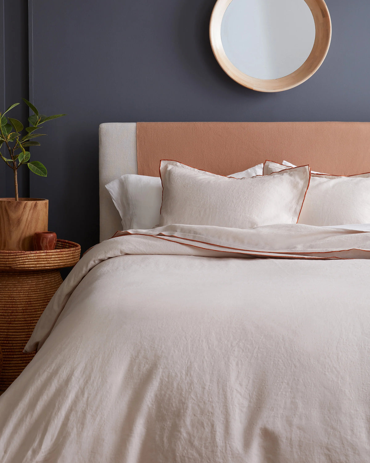 European Linen Double Embroidered Edge Duvet Cover Set - Twin / Sand with Terracotta Embroidery