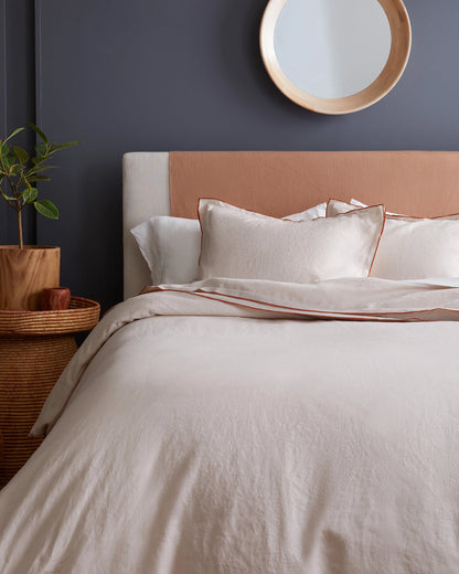 European Linen Double Embroidered Edge Duvet Cover Set - Twin / Sand with Terracotta Embroidery