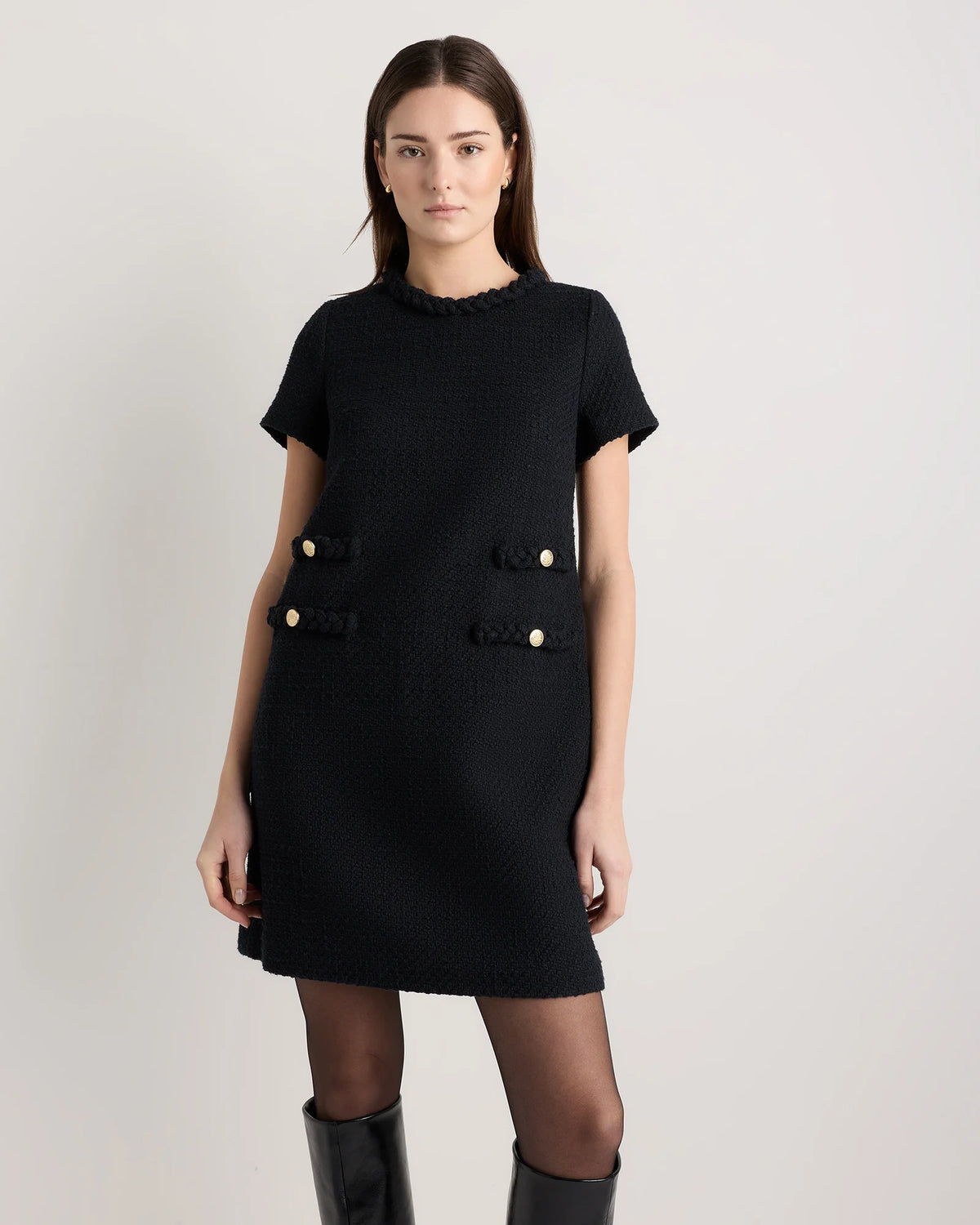 Tweed Short Sleeve Mini Dress - XS / True Black