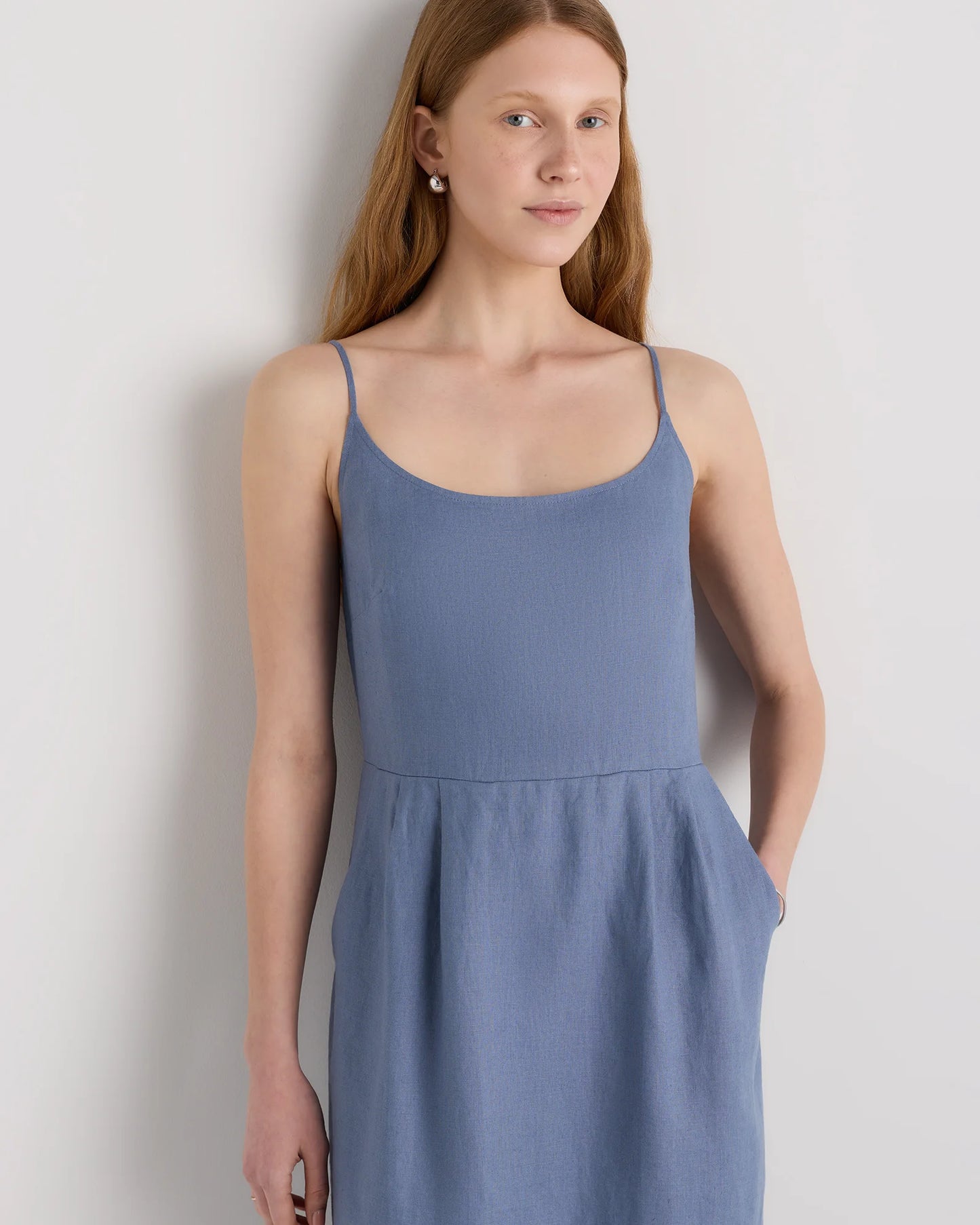 100% European Linen Scoop Neck Midi Dress - XS / Ivory Porcelain Blue Petite Floral