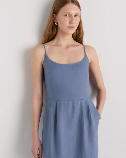 100% European Linen Scoop Neck Midi Dress - XS / Ivory Porcelain Blue Petite Floral