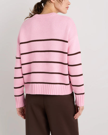 100% Organic Cotton Striped Crew Sweater - XS / Heather Brown/Ivory