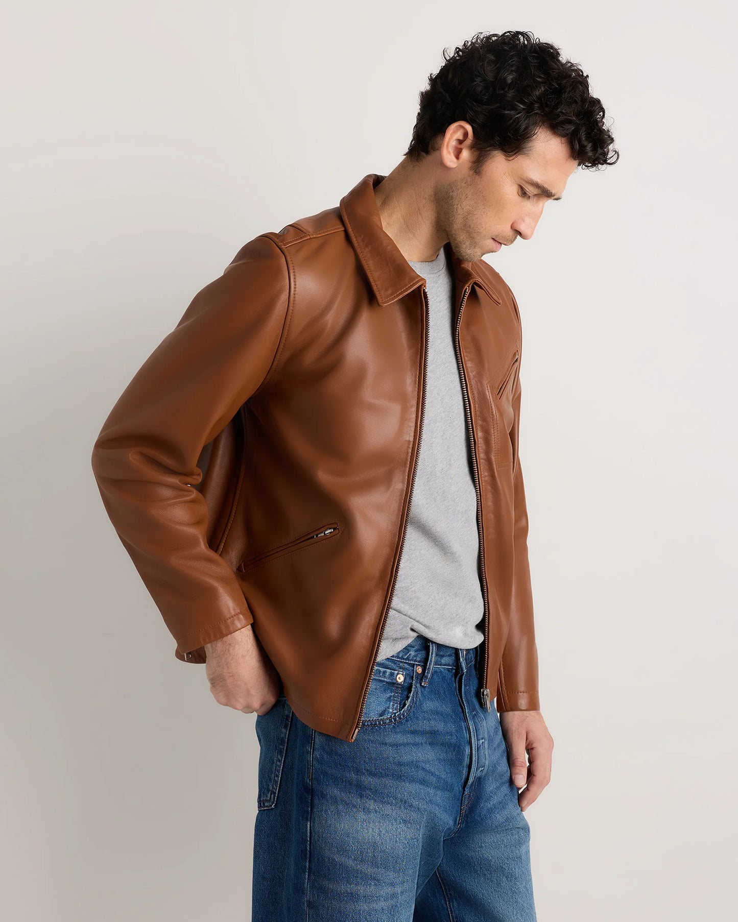 100% Washed Leather Moto Jacket - S / Dark Cognac Brown