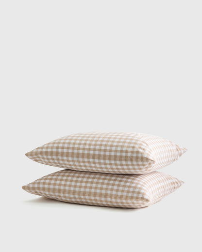Organic Crisp Percale Gingham Pillowcase Set - Standard / Cafe