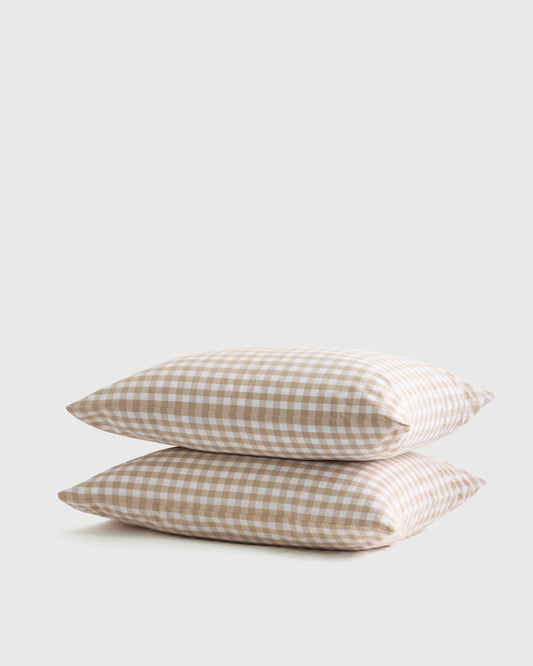 Organic Crisp Percale Gingham Pillowcase Set - Standard / Cafe