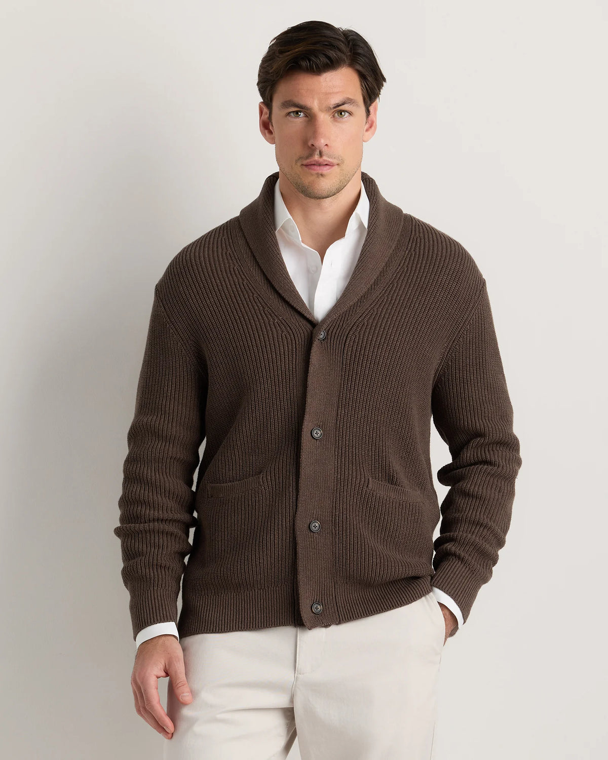 100% Organic Cotton Ribbed Shawl-Collar Cardigan Sweater - S / Bayberry Olive
