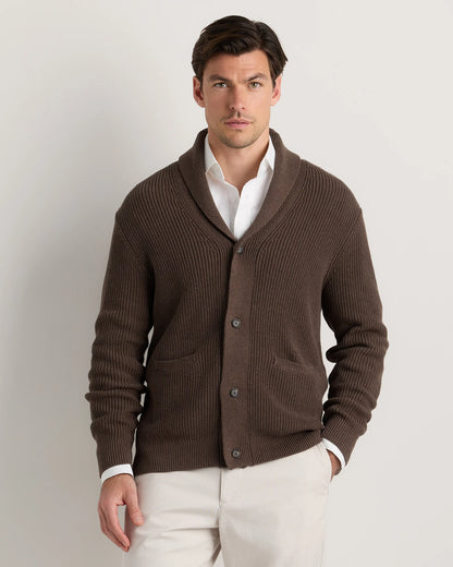 100% Organic Cotton Ribbed Shawl-Collar Cardigan Sweater - S / Bayberry Olive
