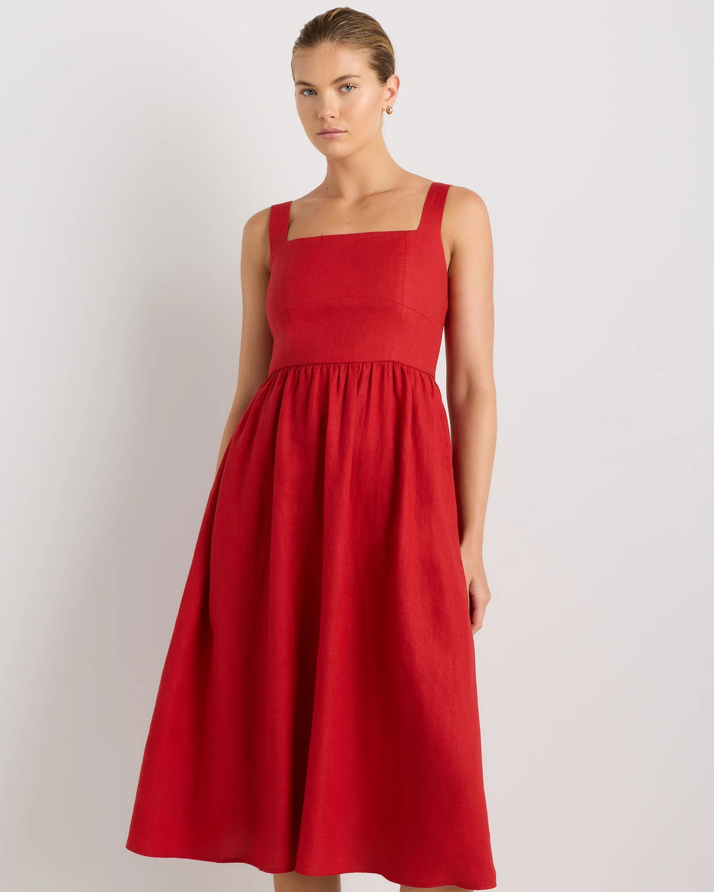 100% European Linen Fit & Flare Midi Dress - XS / Brick Red Heirloom Floral
