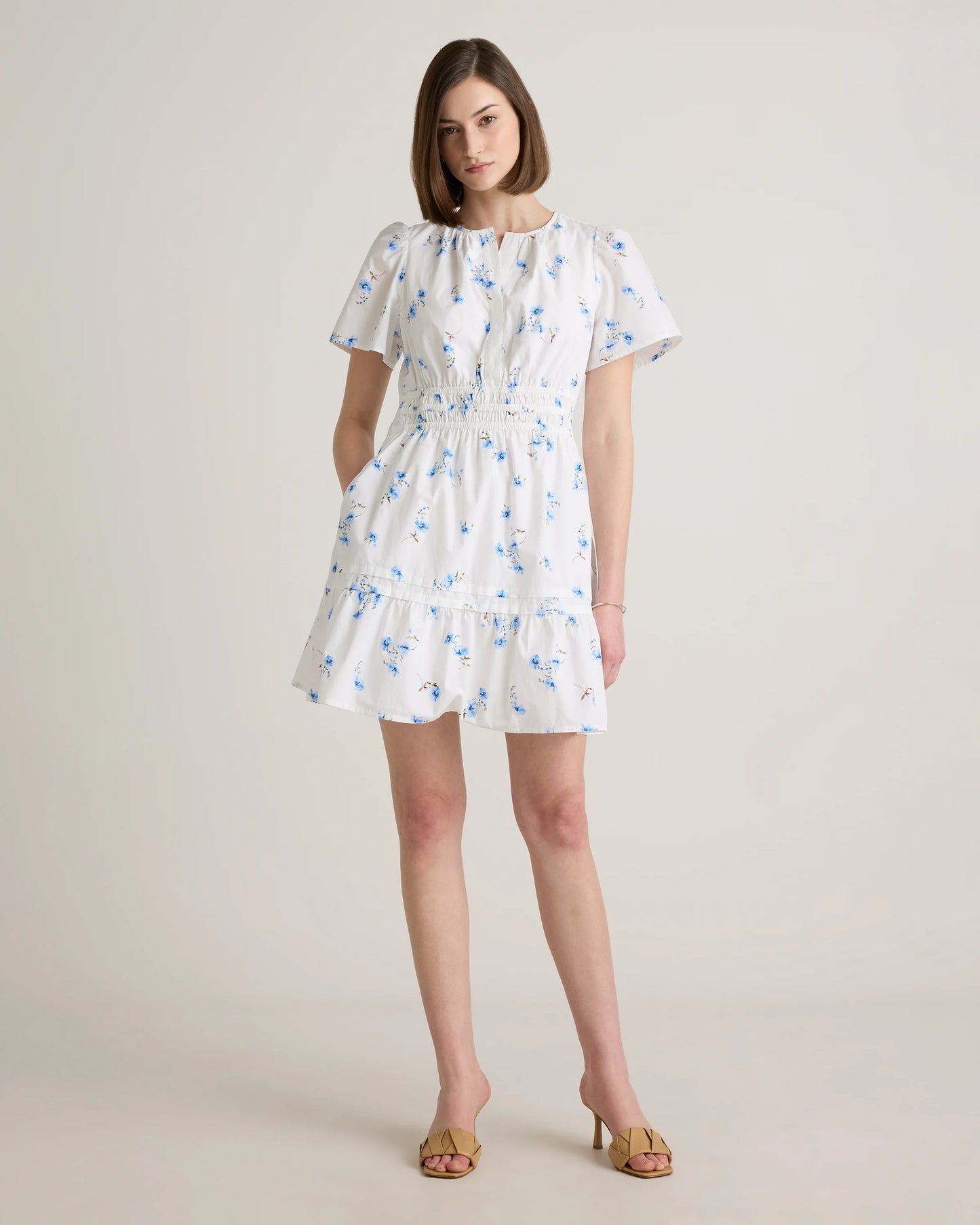 100% Organic Cotton Poplin Tiered Mini Dress - XS / Riviera Blue Heirloom Floral