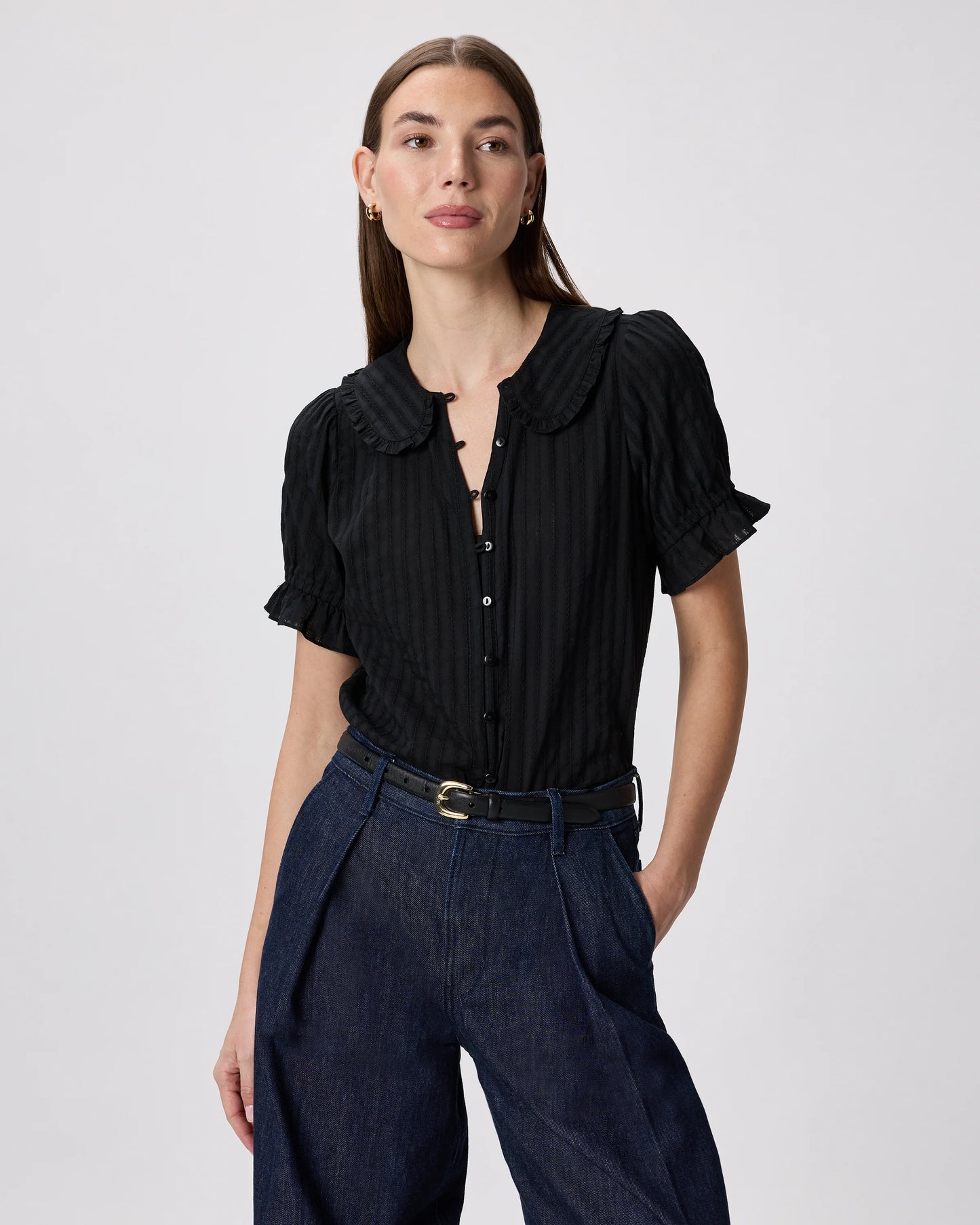 Embroidered Cotton Ruffle Collar Short Sleeve Blouse - XS / Classic White