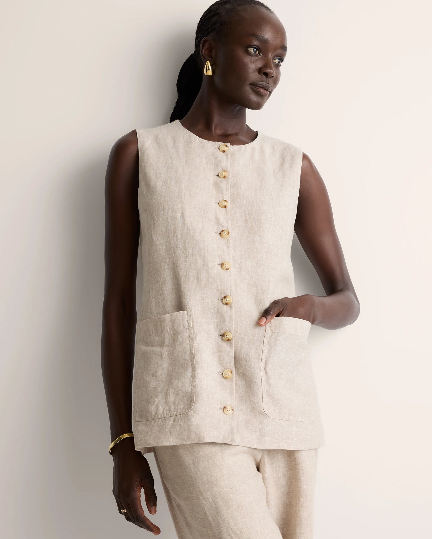100% European Linen Longline Vest - XS / Taupe Brown Chambray