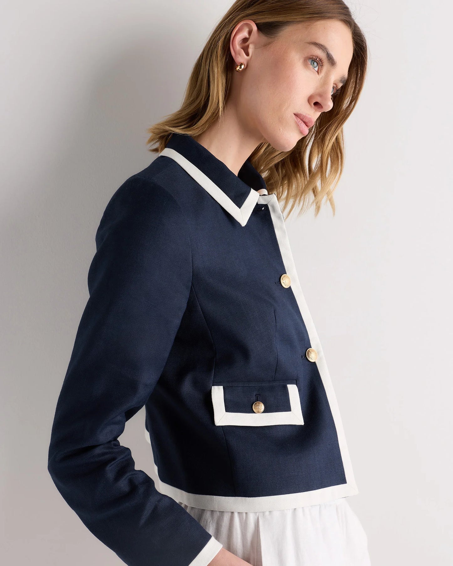 European Stretch Linen Cropped Lady Jacket - XS / Deep Navy/Ivory