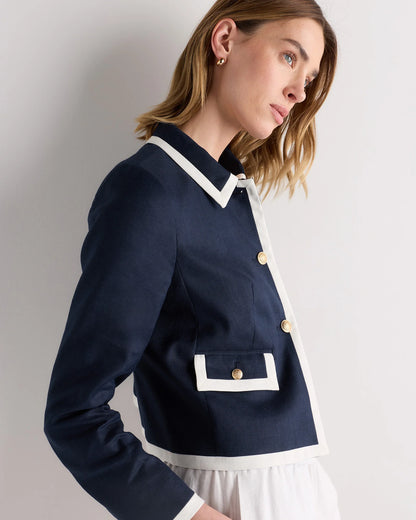 European Stretch Linen Cropped Lady Jacket - XS / Deep Navy/Ivory