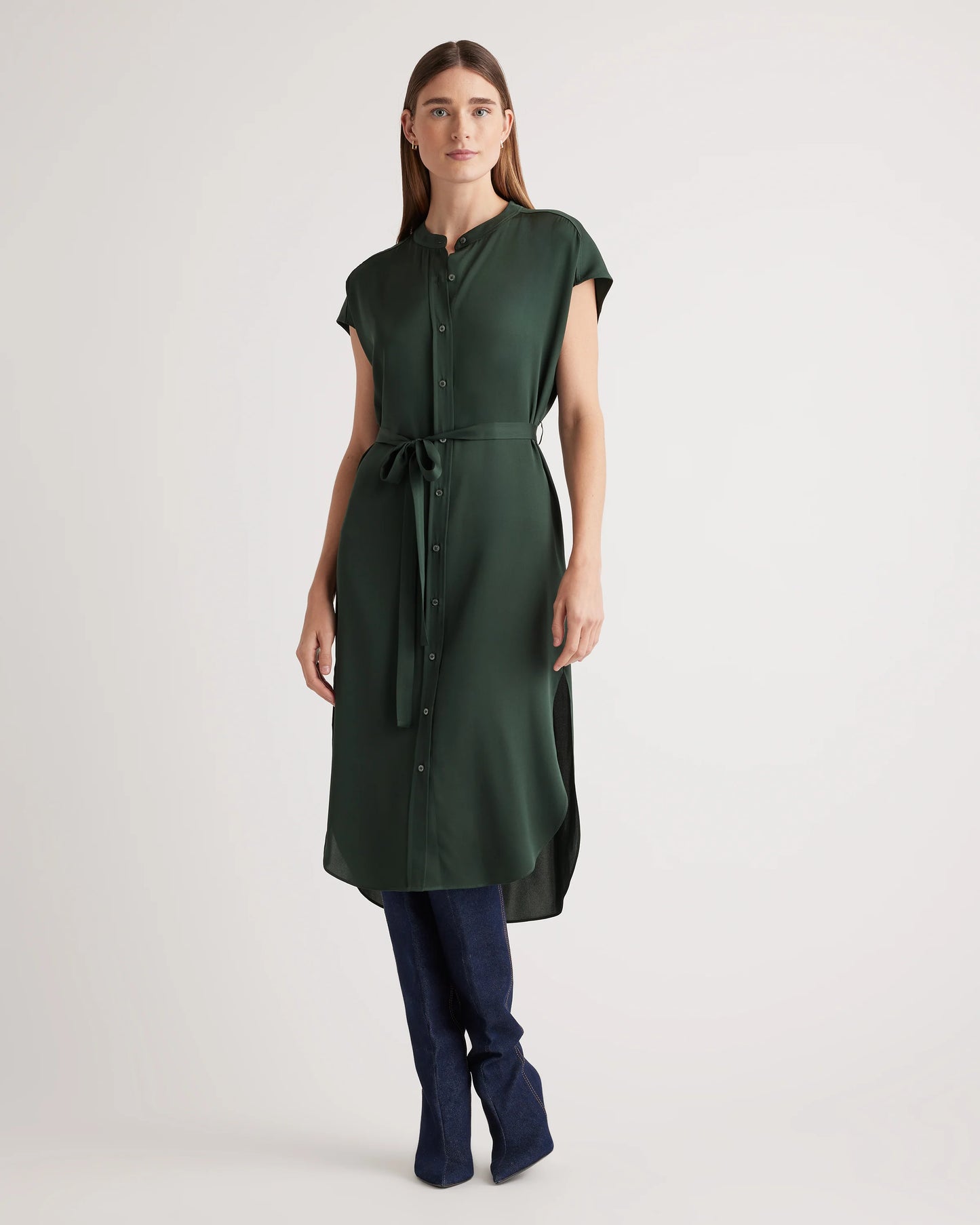 Washable Stretch Silk Midi Shirt Dress - XS / Black