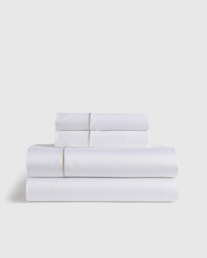 Signature Giza Cotton Sateen Embroidered Sheet Set - Twin / White/Dried Sage