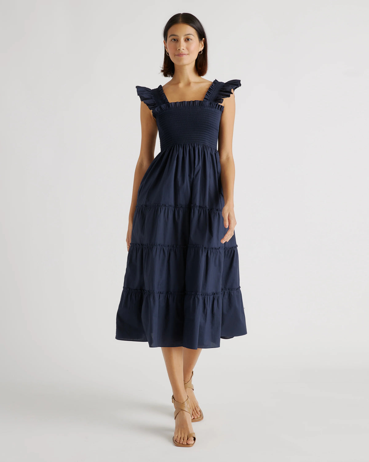 100% Organic Cotton Poplin Smocked Midi Dress - XS / Riviera Blue Heirloom Floral