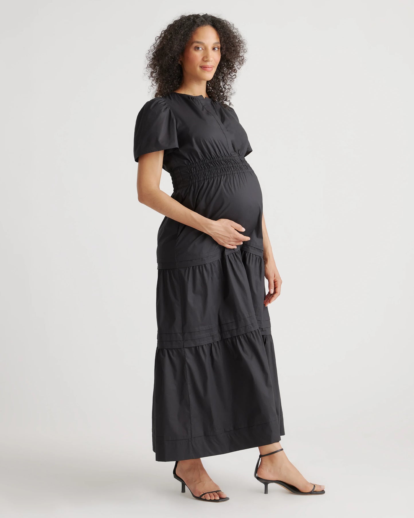 100% Organic Cotton Poplin Maternity Tiered Maxi Dress - XS / Riviera Blue Heirloom Floral