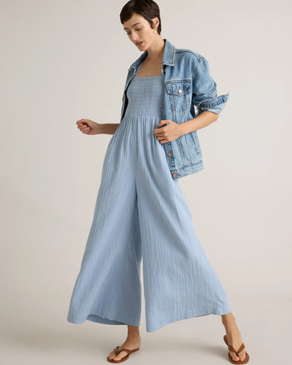 100% Organic Cotton Gauze Smocked Wide Leg Jumpsuit - XS / Spiced Orange