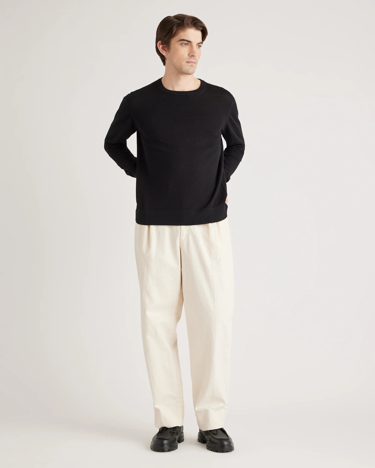 Organic Cotton-Silk Pique Crewneck Sweater - S / Speckled Beige