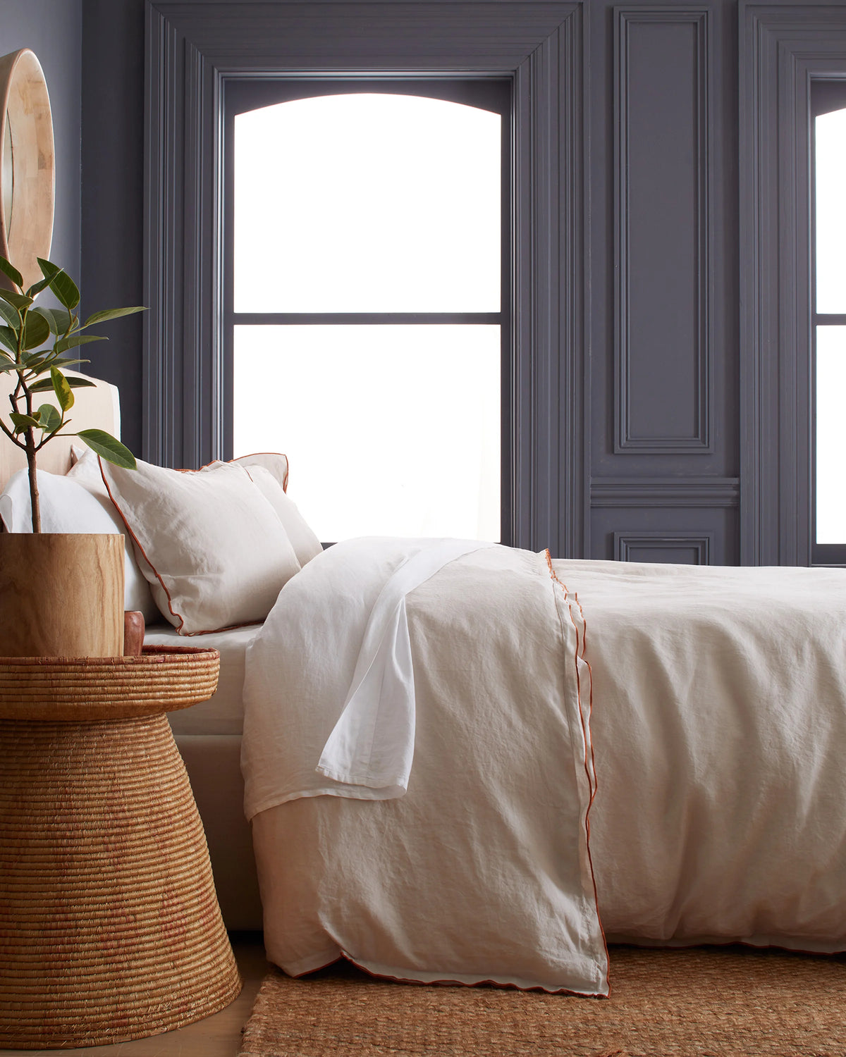 European Linen Double Embroidered Edge Duvet Cover Set - Twin / Sand with Terracotta Embroidery