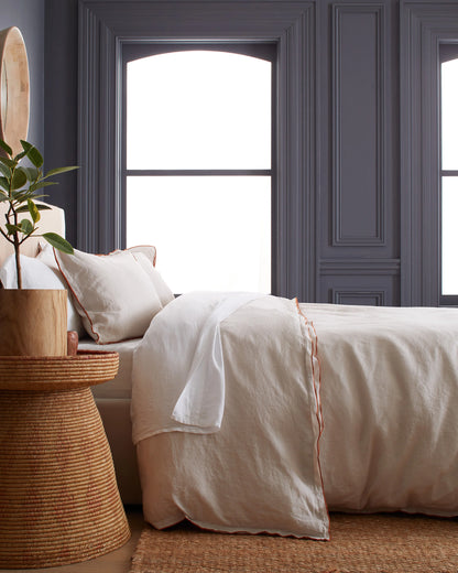 European Linen Double Embroidered Edge Duvet Cover Set - Twin / Sand with Terracotta Embroidery