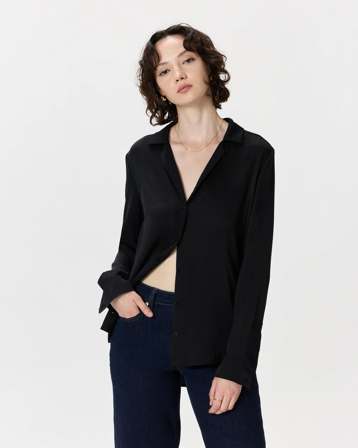 Washable Stretch Silk Notch Collar Blouse - XS / Moonstone Blue
