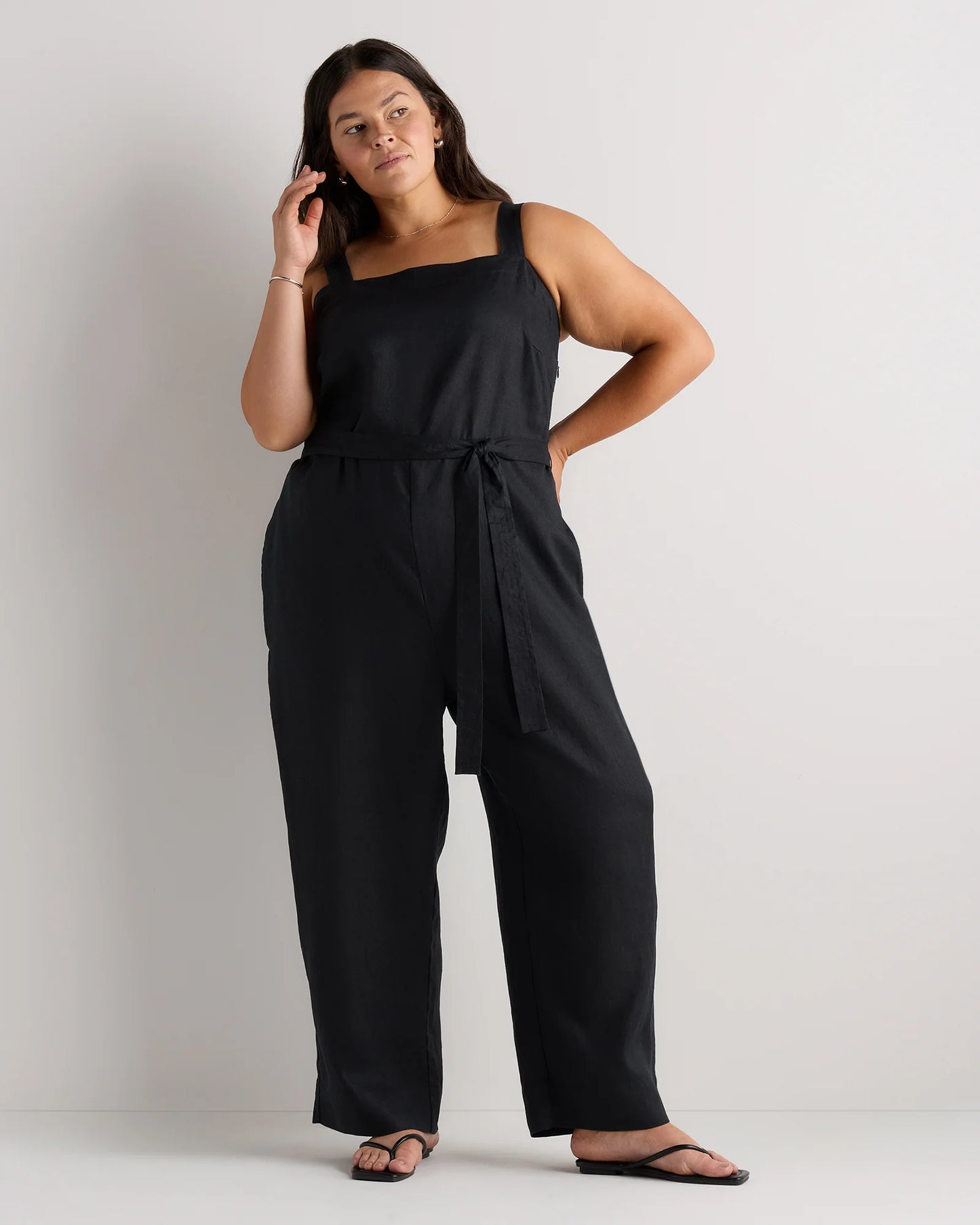 100% European Linen Square Neck Jumpsuit - 1X / Deep Navy