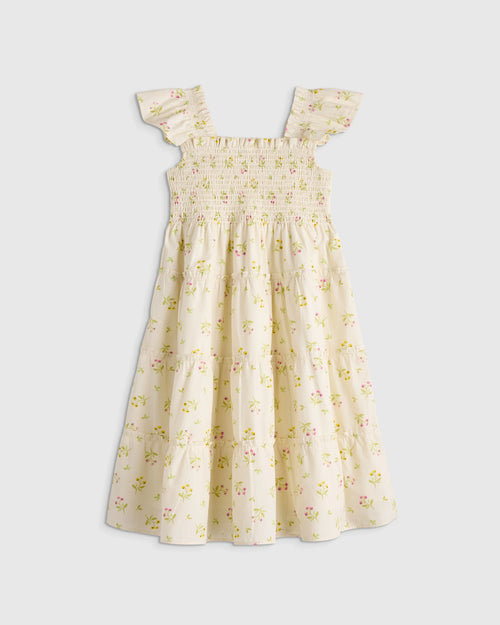 100% Organic Cotton Poplin Smocked Dress - 6 / Apricot Ditsy Floral