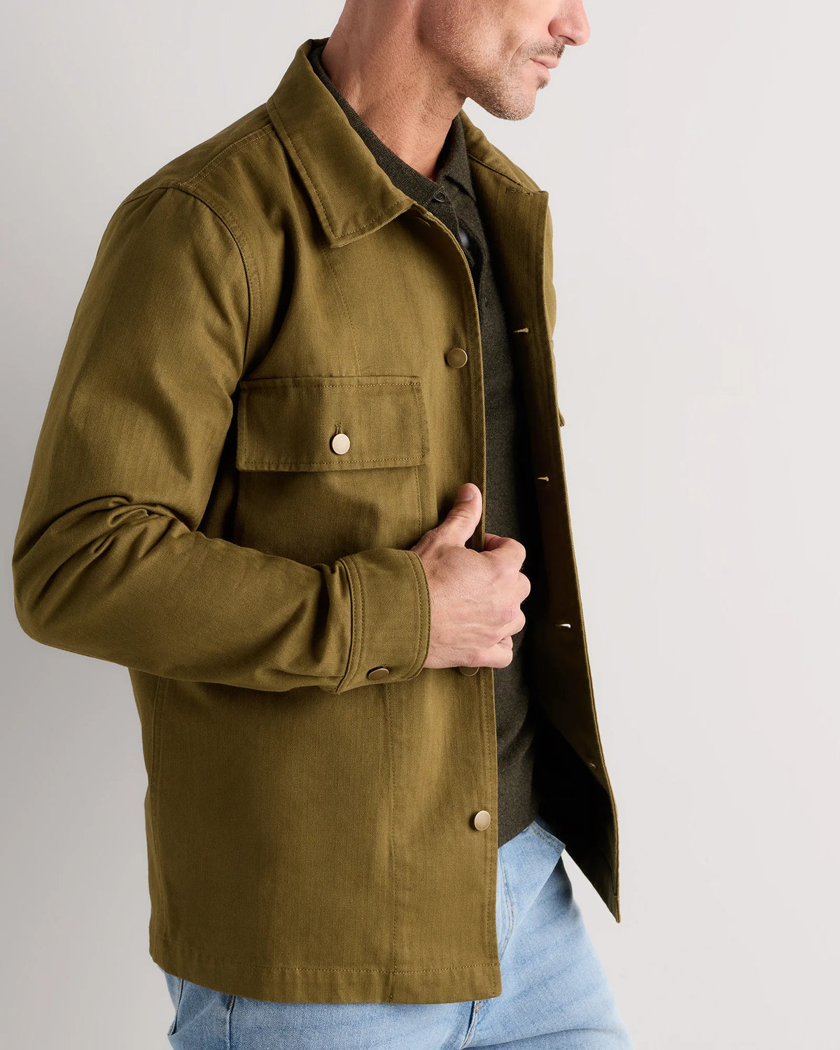 100% Organic Herringbone Twill Shirt Jacket - S / Military Olive