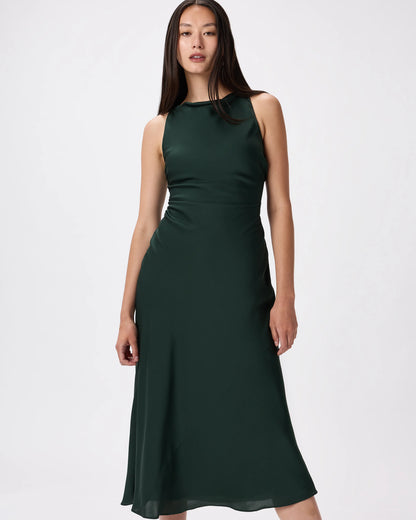 Washable Stretch Silk High Neck Midi Dress - XS / Vintage Navy Roses